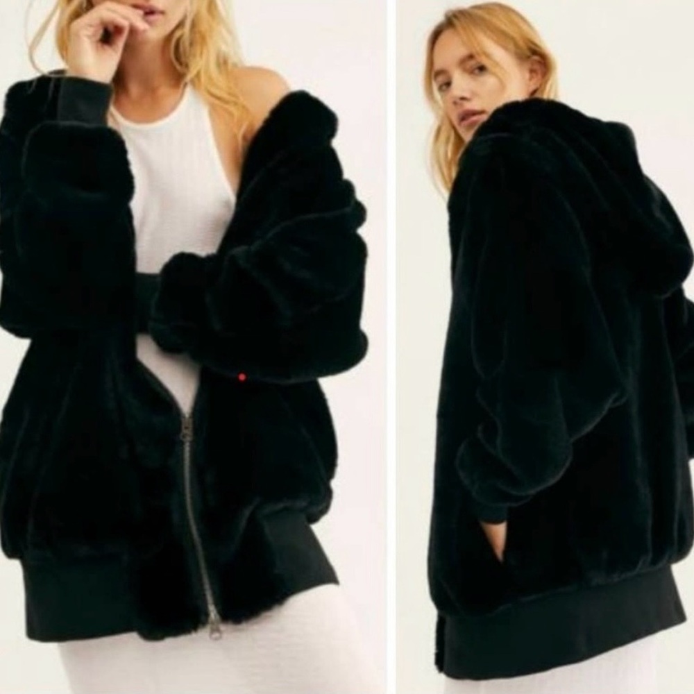 FREE PEOPLE Teddy Mink Faux Fur Runway Black Turn Up Oversize Xs Hooded Coat